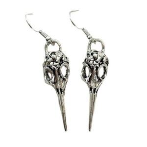 Silver Raven Bird Head Dangle Earrings Whimsygoth Skull Halloween Horror NEW